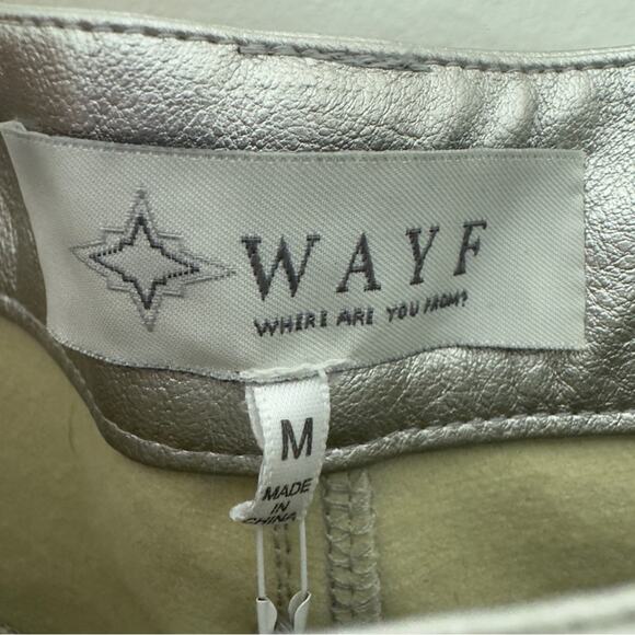 Wayf Silver Metallic Pants straight leg futuristic zip button pockets belt loops - Picture 9 of 12